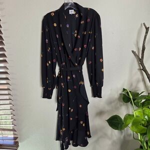 Cabi 4391 Wrap Dress Medium Black Floral Long‎ Sleeve